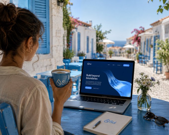 A woman with a coffee mug sits at an outdoor café table using a laptop displaying the Sui website ('Build beyond boundaries'), with the sea visible in the background.