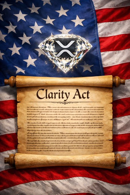 The image features a scroll titled "Clarity Act" with a sparkling diamond bearing the XRP logo, set against an American flag background. This visual symbolizes the potential bullish impact of the Clarity Act on XRP, as the legislation's regulatory clarity could encourage greater institutional adoption of XRP and its ledger by banks and payment companies.