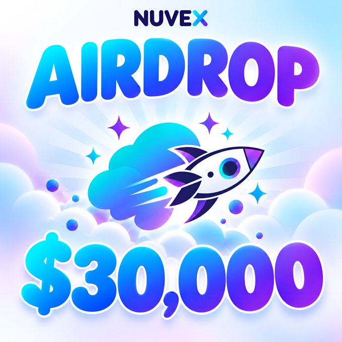A promotional graphic for 'NUVEX' featuring the word 'AIRDROP' in large gradient letters above a rocket ship flying through clouds, with '$30,000' displayed prominently at the bottom.