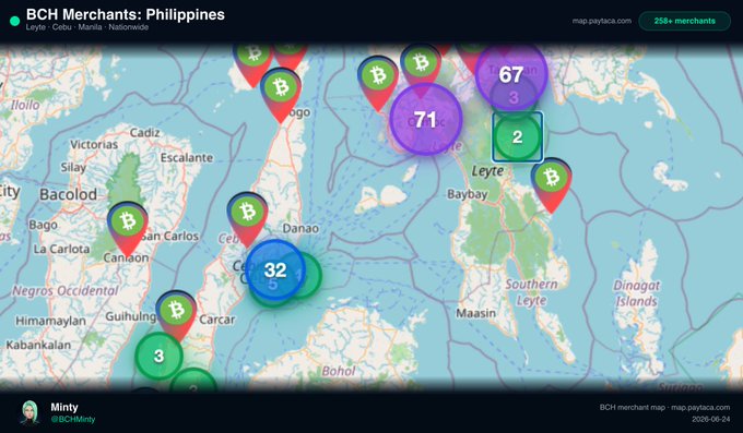 An interactive map titled 'BCH Merchants: Philippines' showing Bitcoin Cash merchant locations with colored pin markers across various cities, created by Minty (@BCHMinty) using map.paytaca.com.