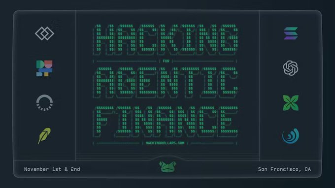 A digital poster advertising 'HACKATHON FOR AGENTS AND AGENCY' on November 1st & 2nd in San Francisco, CA, with a retro green terminal display and various sponsor logos.