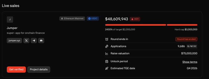 A live sales interface for 'Jumper', described as a 'super-app for onchain finance', showing a raised amount of $48,609,943 (2430% of target $2,000,000) on Ethereum Mainnet via USDC, alongside a hard cap of $3,000,000.