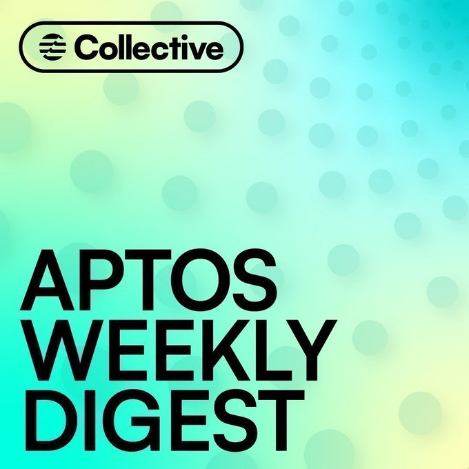 A digital graphic titled "APTOS WEEKLY DIGEST" features the "Collective" logo in the top-left corner against a teal-to-yellow gradient background with circular dot patterns, marking the conclusion of the publication after 137 weeks of updates.