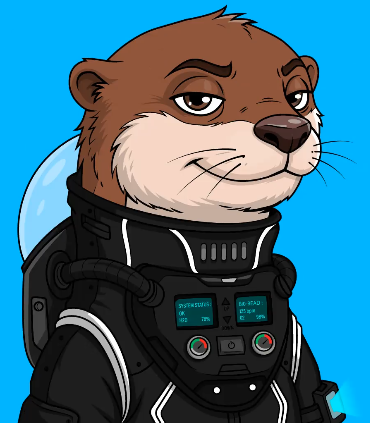 An illustration of an anthropomorphic otter wearing a black astronaut suit against a bright blue background.