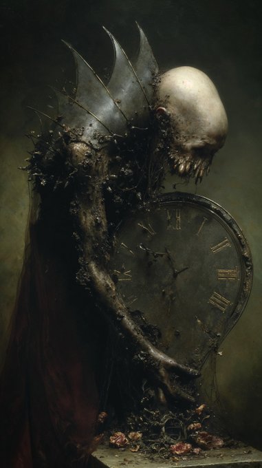A skeletal, corrupted figure crowned with jagged spines clutches an ornate clock with Roman numerals, embodying the theme of "Tempus Vorax" (Time the Devourer) as it consumes the fading petals at its feet.