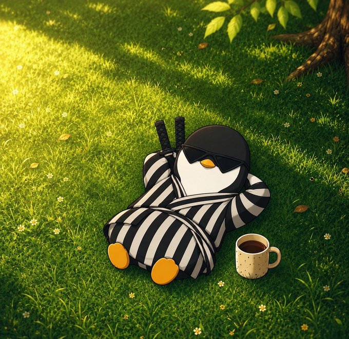 An illustration of a cute penguin dressed in black and white striped pajamas, wearing sunglasses, and holding two swords while relaxing on green grass next to a coffee mug.