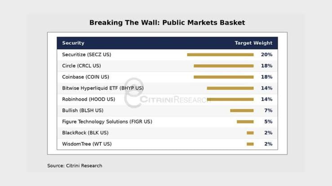 A chart titled 'Breaking The Wall: Public Markets Basket' from Citrini Research lists securities with target weights: Securitize (SECZ US) 20%, Circle (CRCL US) 18%, Coinbase (COIN US) 18%, Bitwise Hyperliquid ETF (BHYP US) 14%, Robinhood (HOOD US) 14%, Bullish (BLSH US) 7%, Figure Technology Solutions (FIGR US) 5%, BlackRock (BLK US) 2%, and WisdomTree (WT US) 2%.