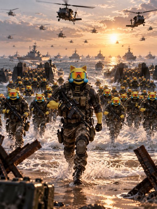A stylized action movie-style image depicting soldiers with cat-face helmets charging through water during an amphibious landing, with helicopters and warships in the background at sunset.