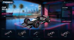 A screenshot of the Formula 1 video game website, showing a car select menu with a black Formula 1 car displayed against a neon-lit tunnel background.