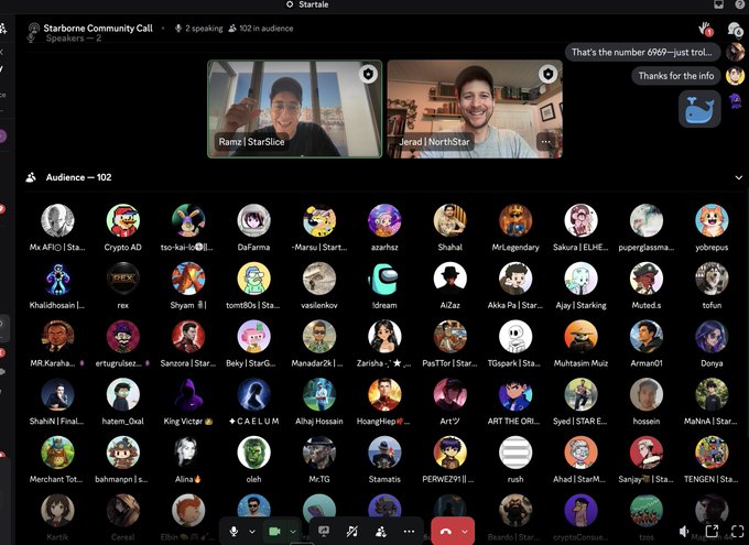 A Discord voice call titled "Starborne Community Call" shows two speakers, "Rama | StarSlice" and "Jerad | NorthStar," with 102 audience members displayed as profile icons below, supporting the post's claim of "+100 live on @StartaleGroup."