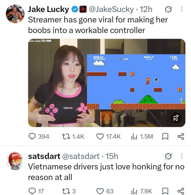 A screenshot of a tweet by Jake Lucky (@JakeSucky) saying 'Streamer has gone viral for making her boobs into a workable controller', showing a woman in a custom PlayStation controller shirt next to a Super Mario Bros. gameplay video.