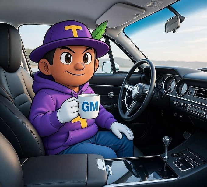 The image features a cartoon character wearing a purple hoodie and hat, sitting inside a car with a cup of coffee in their lap. They are smiling and appear to be enjoying themselves while holding the cup. The background shows a car interior, which adds context to the scene. The caption above the image reads "Good morning legends Researching more into the framework of @quipnetwork is striving for a decentralized future of quantum compute, so everyone can access quantum computing and falo resources will be converted to useful work". This suggests that the cartoon character might be promoting or discussing the concept of decentralization in the context of quantum computing.
