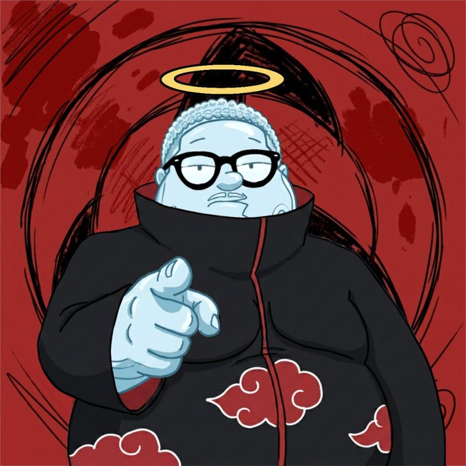 A cartoonish blue-skinned figure with a halo, resembling a stylized deity, points accusingly while wearing a black Akatsuki-style cloak with red clouds against a swirling red background. The image humorously illustrates the "du bist gut genug" (meaning "you are good enough" in German) NFT collection, with the angelic yet pointed figure playfully delivering a mix of judgment and encouragement.