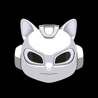 A 3D-rendered character head resembling a futuristic white cat or fox with large dark eyes is displayed on a black background.