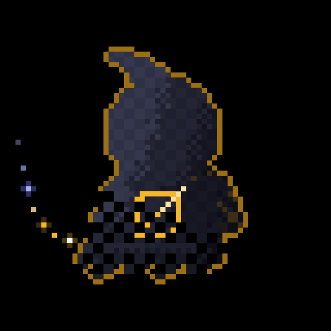 A small pixel-art hooded figure in dark blue with gold outlines, appearing to cast a spell with small particles floating nearby.