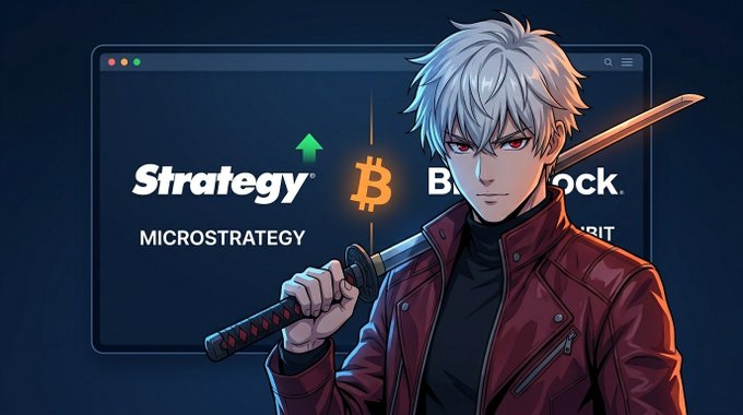 An anime-style character with white hair and red eyes wearing a red leather jacket holds a sword, standing in front of a screen displaying 'Strategy MICROSTRATEGY' and a Bitcoin symbol.