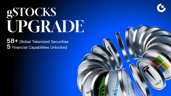 Promotional graphic with a blue background displaying 'gSTOCKS UPGRADE' alongside '58+ Global Tokenized Securities' and '5 Financial Capabilities Unlocked,' featuring an arc of metallic tokens bearing logos for Tesla, Microsoft, Nvidia, and Google.