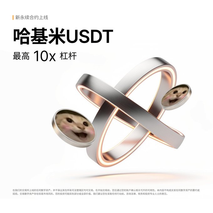 A promotional advertisement in Chinese featuring metallic rings and the text '哈基米USDT' and '最高 10x 杠杆' (up to 10x leverage).