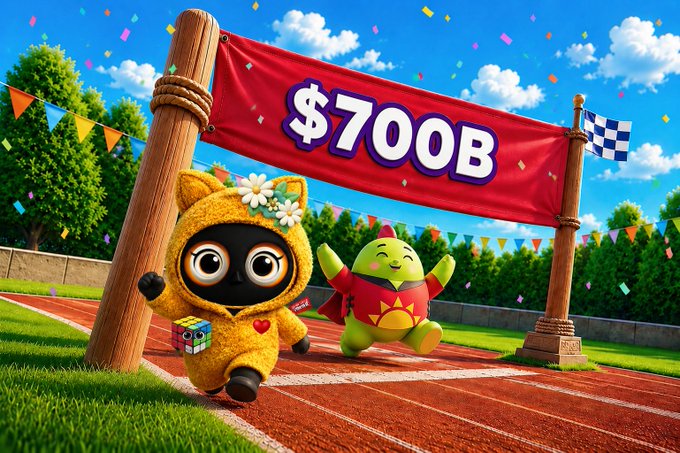 Two animated mascots—one a black creature in a yellow cat-eared hoodie holding a Rubik's cube, the other a green character in a superhero outfit—race along a track under a red banner reading "$700B," visually celebrating the $700B wellness market milestone referenced in the post about $SLEEP and Sleepagotchi empowering users to share in the value of their own data.