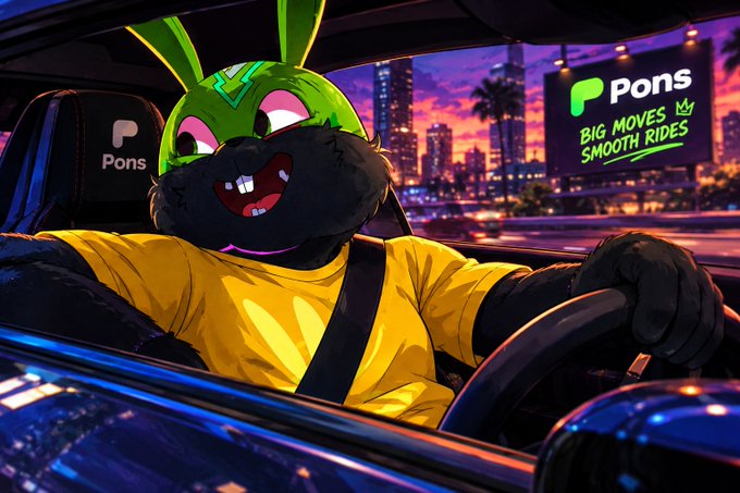 An anthropomorphic rabbit character wearing a yellow shirt and green helmet driving a car at night, with a 'Pons' logo and billboard reading 'BIG MOVES SMOOTH RIDES' in the background.