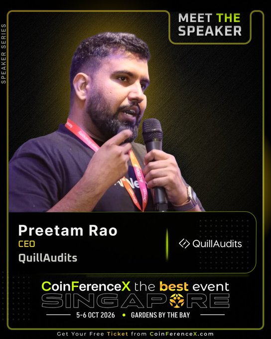 A promotional speaker card for CoinFerenceX Singapore (5-6 Oct 2026) featuring Preetam Rao, CEO of QuillAudits, speaking into a microphone.