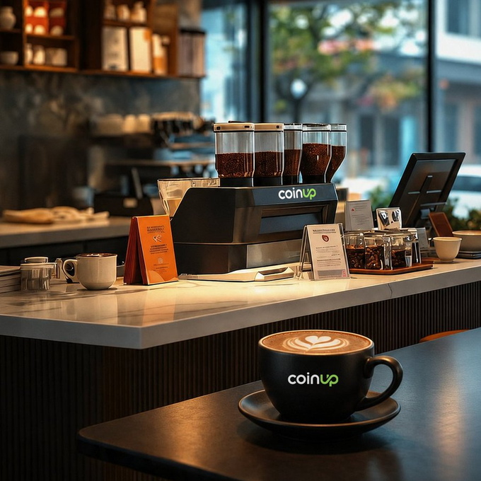 The image features a black coffee cup sitting on top of a table at a cafe. The cup has "coinup" written on it, indicating that this particular coffee shop serves coffee made from coins. The background shows a counter with various items such as cups, saucers, and other coffee-making equipment. There is also an orange folder placed next to the coffee cup.