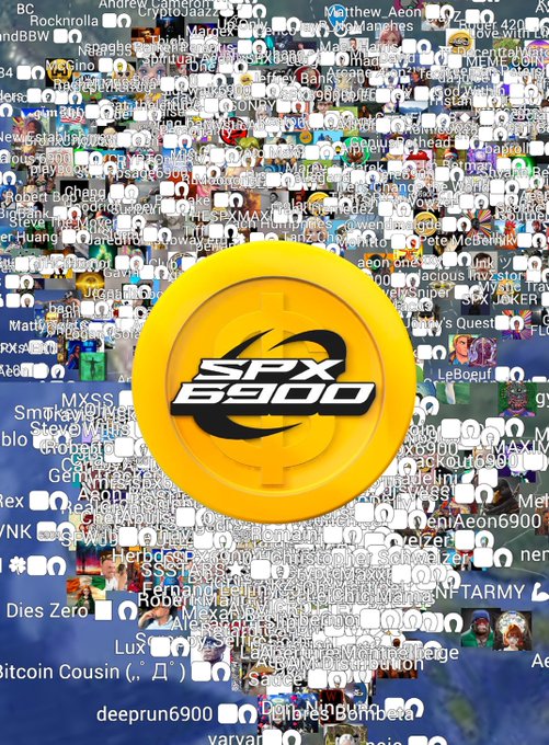 A promotional graphic features a large golden coin displaying the 'SPX 6900' logo in the center, set against a background collage of numerous profile pictures and usernames, suggesting a community or cryptocurrency token.