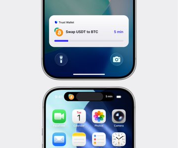 The image shows two iPhone screens demonstrating Trust Wallet's revamped features: the top screen displays a Live Activity notification for "Swap USDT to BTC" with an estimated 5 minute completion time, while the bottom screen shows the iOS Dynamic Island integration with the same swap transaction active alongside Calendar, Photos, and Camera apps. This visual aligns with the post's announcement of Live Activities for iOS, in-app status updates, and seamless on-ramp functionality during token bridging.