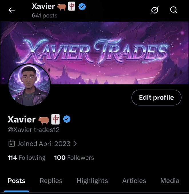 A Twitter/X profile for 'Xavier' (@Xavier_trades12) with a purple 'Xavier Trades' banner, showing 114 Following, 100 Followers, and 'Joined April 2023'.