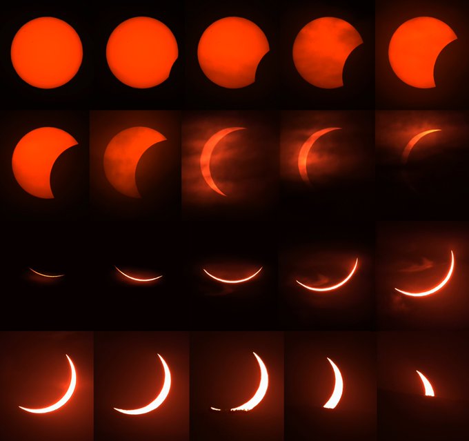 A grid collage showing multiple phases of a solar eclipse, progressing from a full red/orange sun through partial eclipses to a bright crescent shape.