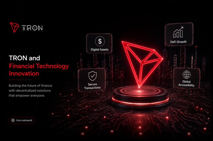 A promotional graphic for 'TRON and Financial Technology Innovation' featuring a glowing red 3D TRON logo and icons for Digital Assets, DeFi Growth, Secure Transactions, and Global Accessibility.