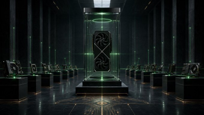 Futuristic dark scene featuring a dual-fan GPU inside a glass display case with green holographic lighting, surrounded by multiple GPUs on pedestals in a high-tech exhibition hall.