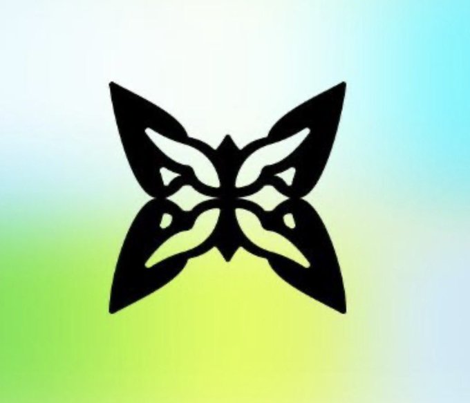 A black symmetrical butterfly or fox-like logo centered on a gradient blue, green, and white background.