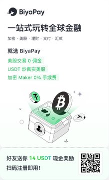 The image is a promotional ad for BiyaPay featuring a cartoon Bitcoin ATM machine, with text in Chinese advertising "一站玩转全球金融" (One-stop global financial services) and highlighting benefits like 0 fees for USDT transactions, real-time USDT-to-cash exchange, and Maker 0% fees, along with an offer of 14 USDT for new users. The ad visually supports the post's pitch by showcasing BiyaPay as a secure crypto withdrawal platform with a U.S. U-card option and Mainland China ID registration.