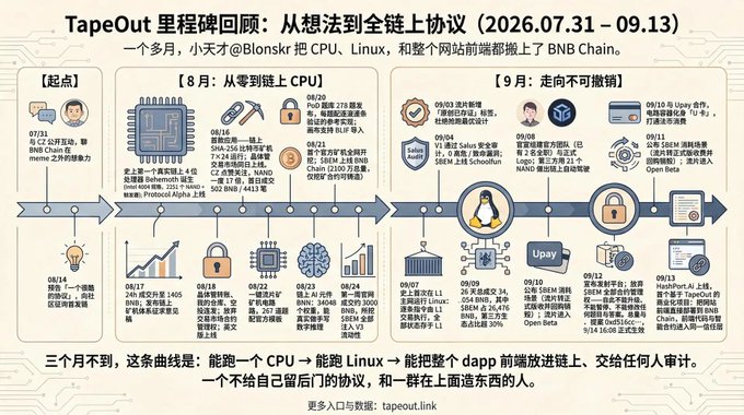 A Chinese-language project timeline infographic titled 'TapeOut 里程碑回顾' (TapeOut Milestone Review) covering the period from July 31 to September 13, 2026, detailing achievements related to Blonskr CPU, Linux, and BNB Chain integration, with references to Open Beta, HashPort AI, and TapeOut Chain.