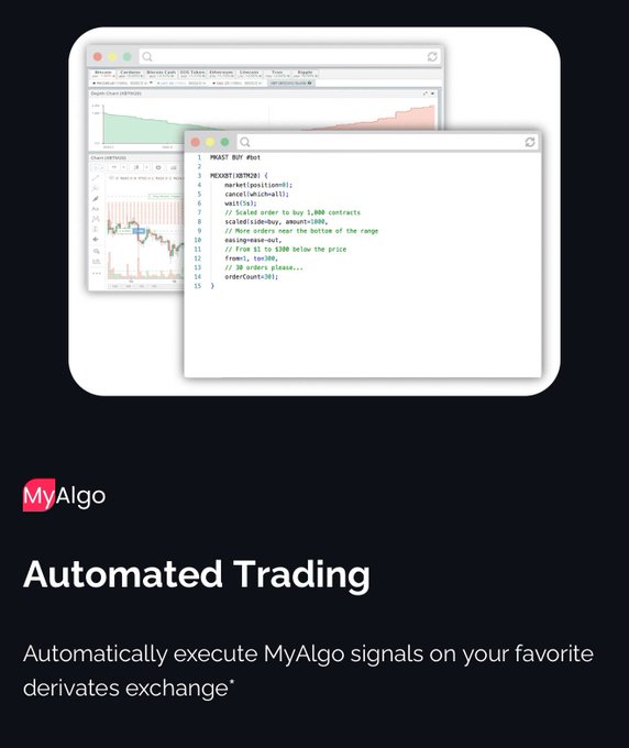 A promotional image for MyAlgo's "Automated Trading" feature, showing code (MEGABOT.MEXBOT) and trading charts in overlapping windows, with the caption "Automatically execute MyAlgo signals on your favorite derivates exchange." The visual reinforces the post's message by illustrating how automation replaces emotional decision-making with systematic, code-based trade execution.