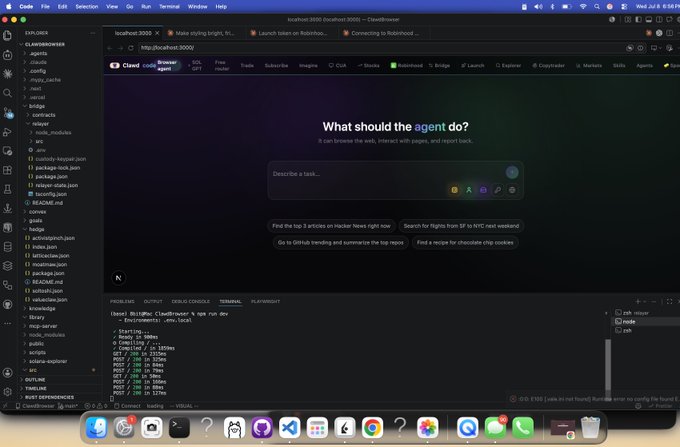 VS Code screenshot displaying a local development server (localhost:3000) running ClawBrowser with the 'What should the agent do?' prompt interface and terminal output below.
