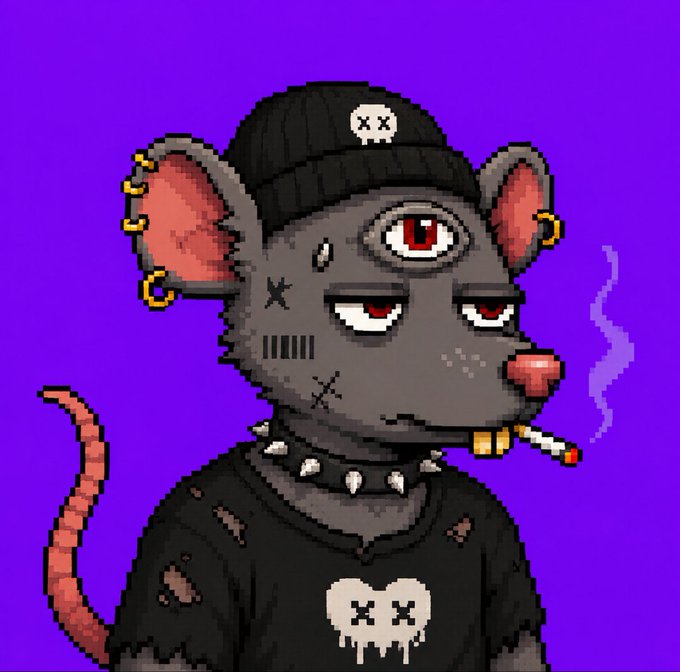 A pixel art illustration of a grungy gray rat character with three eyes, wearing a black beanie with an 'xx' logo, gold earrings, a spiked collar, and a black shirt with a skull logo, smoking a cigarette against a purple background.
