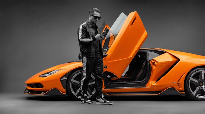 A stylish man in a black leather jacket and sneakers stands next to an orange Lamborghini with its scissor door open, looking at his phone as he waits. The image captures the essence of "Wen lambo?" — a crypto meme about waiting for the day crypto gains turn into a Lamborghini — by showing the ultimate daydream destination that every HODLer anticipates.
