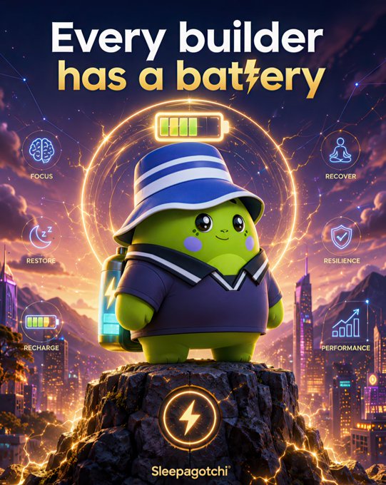 The image features a cartoon character wearing a blue hat with white stripes standing atop a rock formation. The character appears to be a Sleepagotchi, a popular video game character known for its ability to recharge itself by sleeping. The text on the poster reads "Every builder has a battery" and "@sleepagotchi is building the recharge layer". This suggests that the character in the image represents the idea of self-rechargeability or the concept of having an energy source within oneself, which can be applied to both physical structures like buildings and digital applications. The poster also includes various icons related to sleep, such as a sleeping figure, a bed, and a city skyline at night, reinforcing the theme of rechargeable energy sources in different contexts.