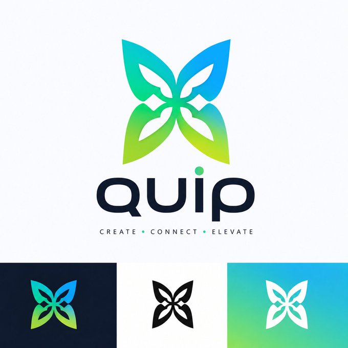 The 'quip' brand logo featuring a stylized butterfly/leaf design in green and blue, with the tagline 'CREATE • CONNECT • ELEVATE' and three color variations displayed below.