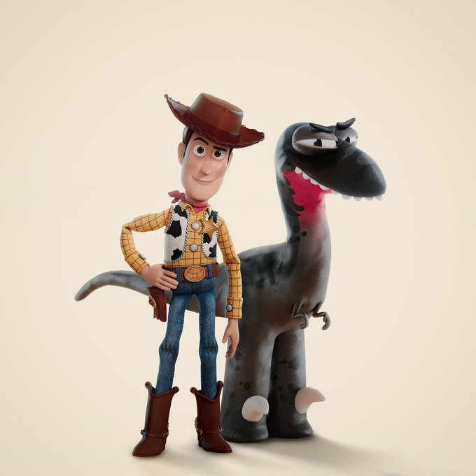 A 3D render of Woody and Rex from Toy Story standing side by side against a plain background.