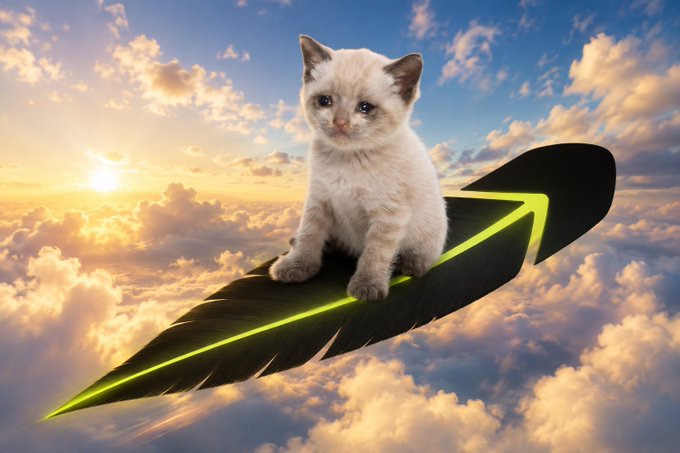 A small white kitten sits on a black, arrow-shaped flying object with a glowing green outline, soaring through a cloudy sky at sunset.