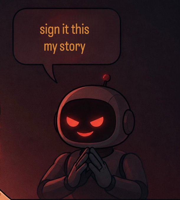 A digital illustration of a sinister robot with glowing red eyes in a dark setting, accompanied by a speech bubble saying 'sign it this my story'.