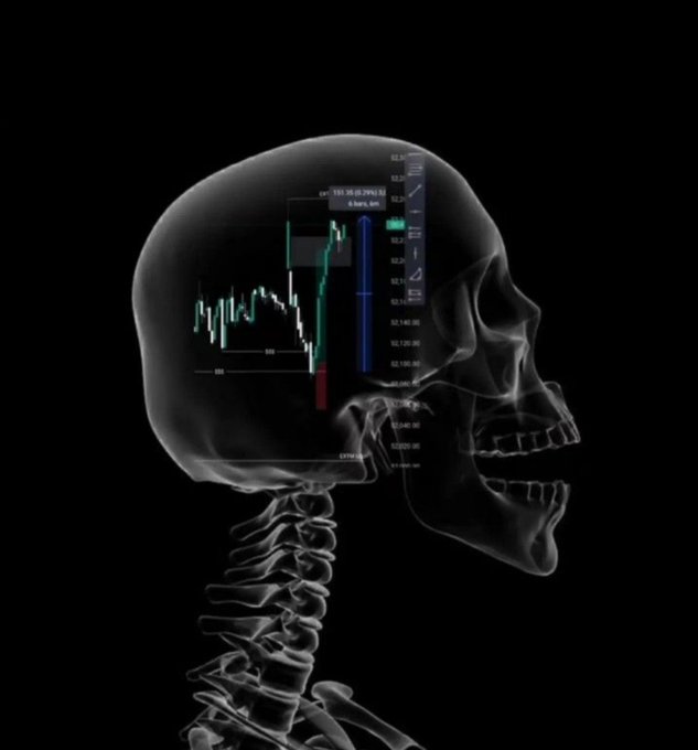 A translucent X-ray view of a human skull and cervical spine is overlaid with a candlestick chart (US100) showing a sharp drop followed by a reversal, visually echoing the "Lock in" caption with imagery that suggests pressing decisive information into the mind of a trader.