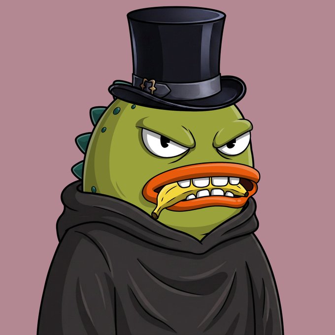 A cartoon illustration of a green, duck-billed creature wearing a black top hat and a black hooded cloak, giving an angry expression with a banana peel sticking out of its mouth.