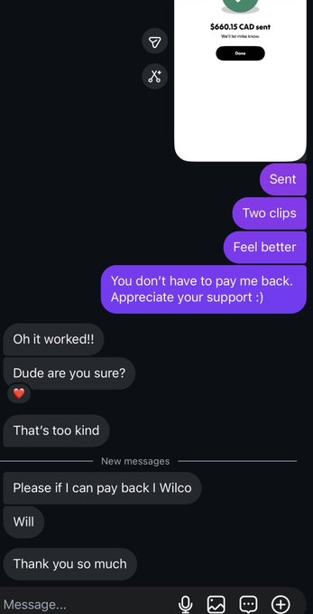 A Cash App screenshot shows $660.15 CAD sent to "Wilco," accompanied by a chat exchange where the recipient repeatedly asks if they need to pay it back and expresses gratitude. The caption humorously frames the generous transfer as a "good deed" to offset future questionable behavior.