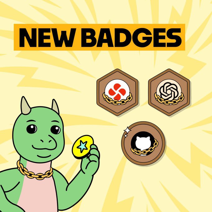 A green cartoon T-Rex mascot wearing a gold chain holds up a star coin next to three hexagonal badges, with a yellow banner reading "NEW BADGES" announcing the launch of T-REX badges for platforms like GitHub and others.