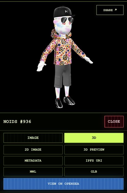 A screenshot from a digital collectible platform showing a 3D avatar named 'NOIDS #936,' a pink character wearing a floral hoodie, cap, and sunglasses, with options like 'IMAGE,' '3D,' and 'VIEW ON OPENSEA.'