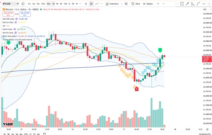The image shows a 1-hour candlestick chart of Bitcoin (BTC/USD) on TradingView, displaying a recent price recovery to $64,137.95 with a green "9" annotation marking the TD Sequential 9 count signal near the recent swing low, supporting the post's identification of a TD 9 buy setup.